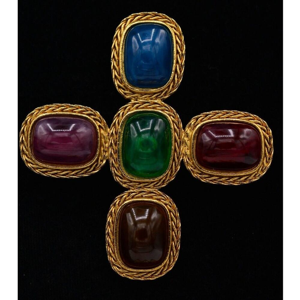 Givenchy Vintage Gripoix Byzantine Cross Pin Brooch Cabochon Glass Signed BinF - Picture 2 of 12